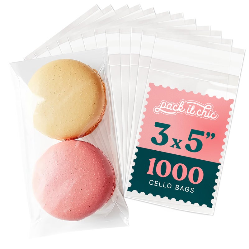 Pack It Chic - 3" X 5" Clear Self Sealing Cellophane Bags (1000 Pack) - Cookie Bags With Resealable Adhesive for Baked Goods Packaging, Candy, Treats, Bakery, Party Favors - Image 1